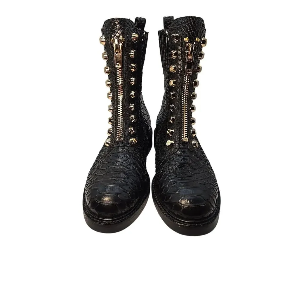 Jeffrey Campbell TONETTE Black Snake Embellished Block Chunky Heel Combat Boots - Picture 2 of 9